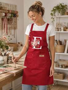 Red Floral A-Z Letter Print Apron With Pockets, Adjustable Neck Strap, Suitable For Baking, Housewarming, Holiday Gifts, Back To School, Home, Dorm Kitchen Accessories, Thanksgiving Cooking Apron, Christmas Housewarming Gift - Multicolor - View 9