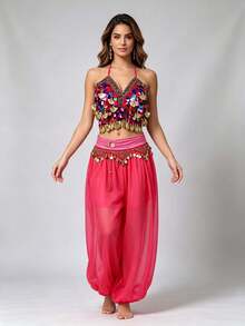 V Neck Multicolor Sequin Coin Halter Dance Crop Top Coin Tassel Waist Belt Chiffon Loose Cuffed Harem Pants Exotic Stage Performance Dance Outfit - Multicolor - View 18