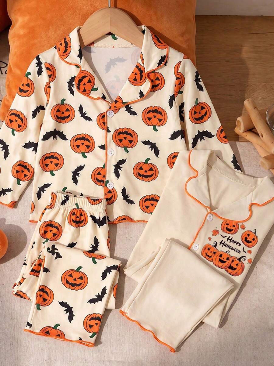 4-Piece Autumn/Winter Boys' Pumpkin Printed Long Sleeve Pants Combination Pajama Set, Skull, Spider Web, Halloween Home Dress, Entertainment Party - Multicolor - View 1
