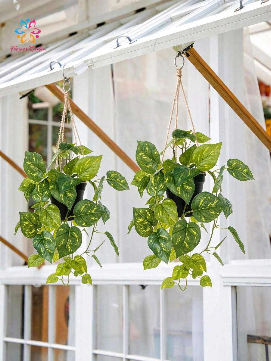 17.72in Artificial Pothos Hanging Plant In Pot, Lifelike Trailing Vine Greenery, Real Touch Faux Green Plant For Indoor Outdoor Home Decor