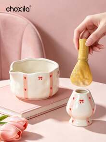 choxila 1 Set/2pcs Korean Ins Style Cute Ceramic Matcha Bowl And Tea Whisk Holder Set, Handmade Shaped With Hand-Painted Asymmetrical Design, Handmade Tilted Bowl - Pink Matcha Bowl Two-piece Set - View 2