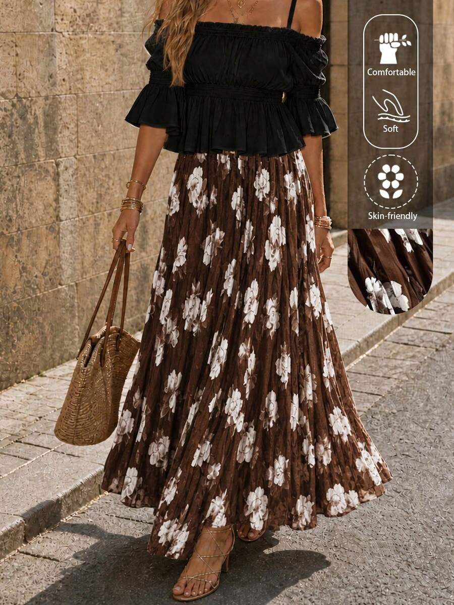 女款時尚優雅寬鬆百搭長裙 春季度假棕色 - 棕色 - 查看 1