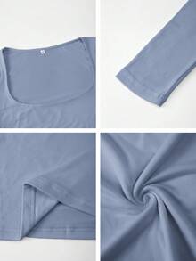 GLAMSKIN 女款條紋性感修身長袖針織上衣，純色方領基礎 T-shirt，適合秋季出遊、日常休閒街頭穿搭、返校季 - 牛仔藍 - 查看 11