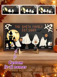 Custom Ghost Family Tabletop Sign, Spooky Halloween Room Desk Decor, Personalized Name Plaque For Shelf Mantel, Haunted House Accent, Customized Holiday Decoration, Customizable Name Family Gift, Room Decor, Halloween Gift, Gift For Family And Friend - Style a - View 1