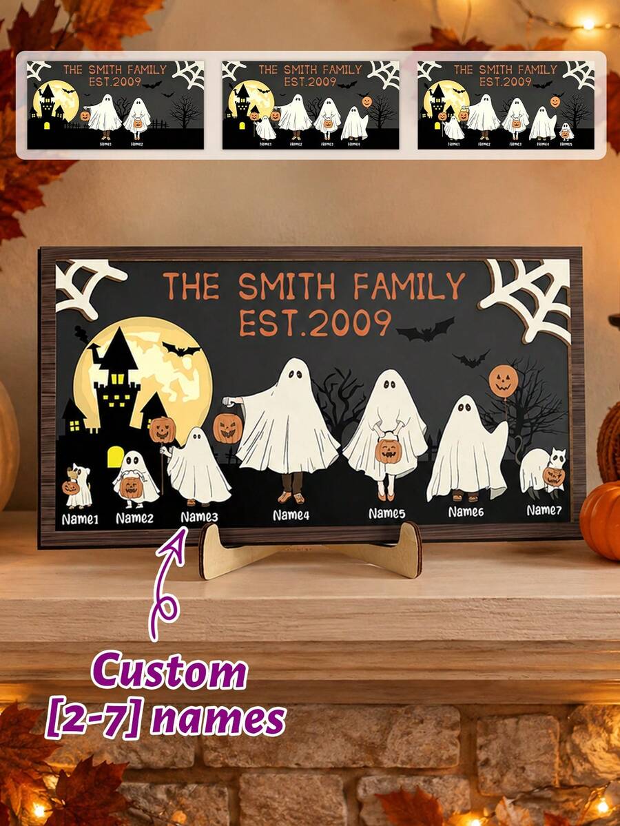 Custom Ghost Family Tabletop Sign, Spooky Halloween Room Desk Decor, Personalized Name Plaque For Shelf Mantel, Haunted House Accent, Customized Holiday Decoration, Customizable Name Family Gift, Room Decor, Halloween Gift, Gift For Family And Friend - Style a - View 1