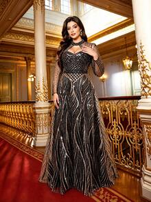 Plus Size Elegant Sequin Embroidered Beaded Full Skirt A-Line Long Formal Dress, High Neck Long Sleeve Waist-Cinching Design, Suitable For Parties And Weddings - Black - View 6