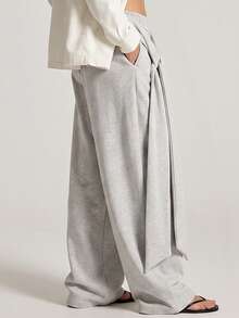 KyrLssu Women's Waist Tie Wrap Detail Wide Leg Sweatpants, Adjustable Loose Drawstring Cuffed Hem Joggers - Grey - View 2