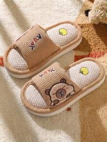1 Pair Capybara Kids Linen Slippers, Girls Summer Cartoon Non-Slip Soft Sole Indoor House Slippers For Boys And Toddlers - Brown - View 5