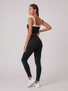 Sodalemon Women's Colorblock Gym Set, Removable Padded V-Neck Seamless Front Yoga Leggings And Workout Tank Top, 2-Piece Set For Running And Fitness - Black - View 7