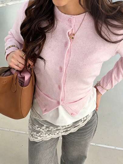 Cardigan Rajut Lengan Panjang Wanita Warna Pink Terbaru Musim Gugur 2026, Panjang Reguler, Sedikit Elastis, Cocok untuk Dipakai di Musim Semi/Musim Gugur dan Sebagai Lapisan, untuk Perjalanan ke Kantor, Gaya Jalanan, Cardigan Tipis Kasual yang Awet Muda dan Energik
