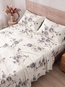 4-Piece Beige Peony Floral Bedding Set, Easy Care Soft Bed Sheet Set, Floral Fitted Sheet Set (1 Flat Sheet + 1 Fitted Sheet + 2 Pillowcases), Deep Pocket Up To 11.8 Inches, Soft And Breathable, Back To School Dorm Bedding Set - Multicolor - View 5