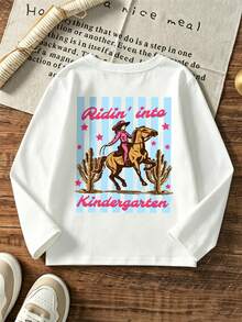 Little Girls Ridin' Into Kindergarten Cowgirl Print Long Sleeve Tee, Western Back To School Casual Round Neck T-Shirt - White - View 3
