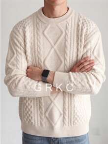 GRKC Solid Color Minimalist Cable Knit Men's Sweater, Casual Fashion Home Office Commute Long Sleeve Crew Neck Pullover, Autumn/Winter - Apricot - View 3