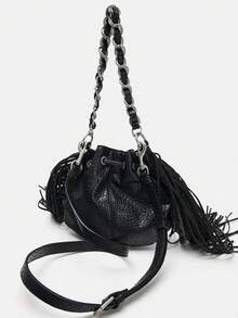 1pc Minimalist Shoulder Bag Featuring A Textured Finish And Black Tassel Detail; A Versatile Choice For Commuting That Works As A Crossbody, Handbag, Or Retro-Style Underarm Bag-Perfect For Pairing With Shirts, T-Shirts, Suits, Or Trench Coats. - Black - View 7