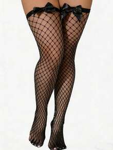 1/2 Pairs Women's Fishnet Thigh High Socks, Red & Black Color Over-The-Knee Socks With Satin Bow, Sexy Fishnet Stockings, Suitable For Valentine's Day, Party And Date Night - Multicolor - View 17