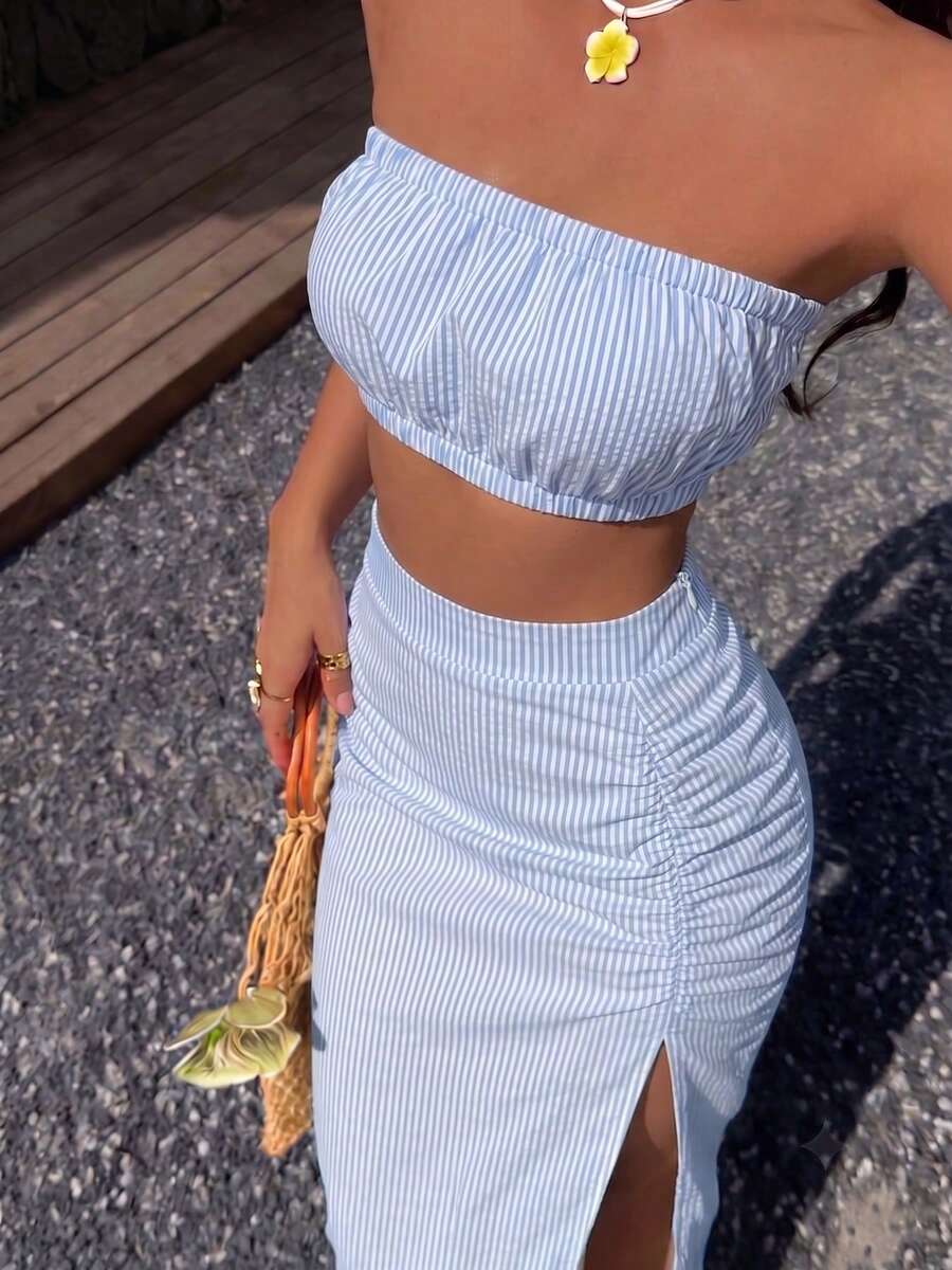 女款性感休閒可愛條紋抹胸抓皺開衩兩件式套裝 夏季優雅 - 藍色 - 查看 1