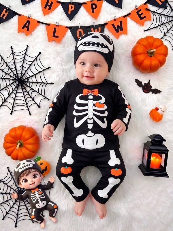 Baby Boys Halloween Cute Cartoon Skull Pumpkin Bow Print Long Sleeve Round Neck Top + Halloween Skeleton Pumpkin Print Slim Fit Pants Set With Hat