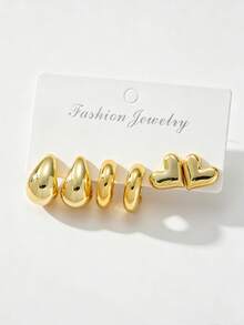 6-18pcs Fashionable Lightweight CCB Earrings Set, Including Teardrop, C-Shaped, Heart, Floral, Textured C-Shaped, Geometric Stud Earrings, Suitable For Women's Dates And Holidays, Exquisite Holiday Gift - Gold - View 9