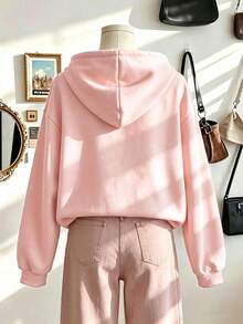 Fashionable Pink Zip-Up Cardigan With Letter Print, Perfect For Teen Girl. Its Simple And Stylish Design Makes It An Ideal Choice For Casual Wear During The Autumn And Winter Seasons. - Pink - View 2