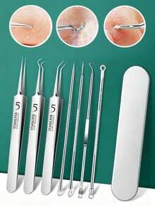 8pcs Blackhead Removal Tool Set, Acne Tweezers, Acne Extractor, Pimple Picker, Blemish Removal Set, Facial Skincare Tools, Stainless Steel Blackhead Remover - A - View 1