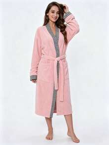 1pc Plus Size Oversized Sexy Minimalist Couple Bathrobe With Pockets, Coral Fleece, Absorbent - Watermelon Pink - View 3