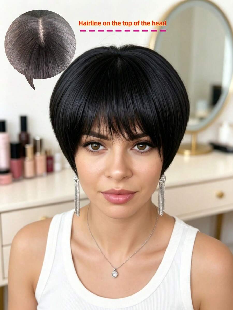 Short Straight Black Pixie Bob Wig For Women With Bangs Natural Scalp ...