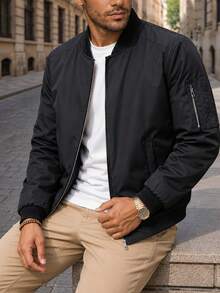 Men's Casual Baseball Collar Jacket, Black Lightweight Zip-Up Cardigan, Suitable For Spring/Autumn, Daily/Commute/Outdoor Wear - Black - View 6