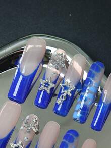 CrystalHola 10pcs Handmade Fully Covered Coffin Nails Press On Nails,Y2K Sweet Style. Blue & Nude With Stars, Rhinestones, And French Tip Nails. Three Sizes, Fits Parties, Weddings And Wear Daily. Reusable, With Jelly Glue & Nail File. A Great Gift For Girls - Multicolor - View 3