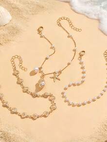 3pcs/Set Gelang Kaki Pantai Kasual Musim Panas dengan Liontin Cangkang Bintang Laut dan Mutiara Imitasi Seri Laut - Emas - View 3