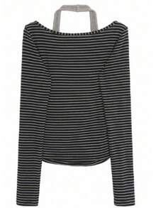 Women's Autumn Layering Base Top, Premium 2 In 1 T-Shirt, Black Long Sleeve Unique Elegant Blouse - Grey - View 6