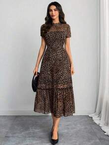 Women's Elegant Leopard Print Short Sleeve Dress with Slight Stretch Fabric, Casual and Chic Fall Style for Everyday Wear - Multicolor2 - Ver 9