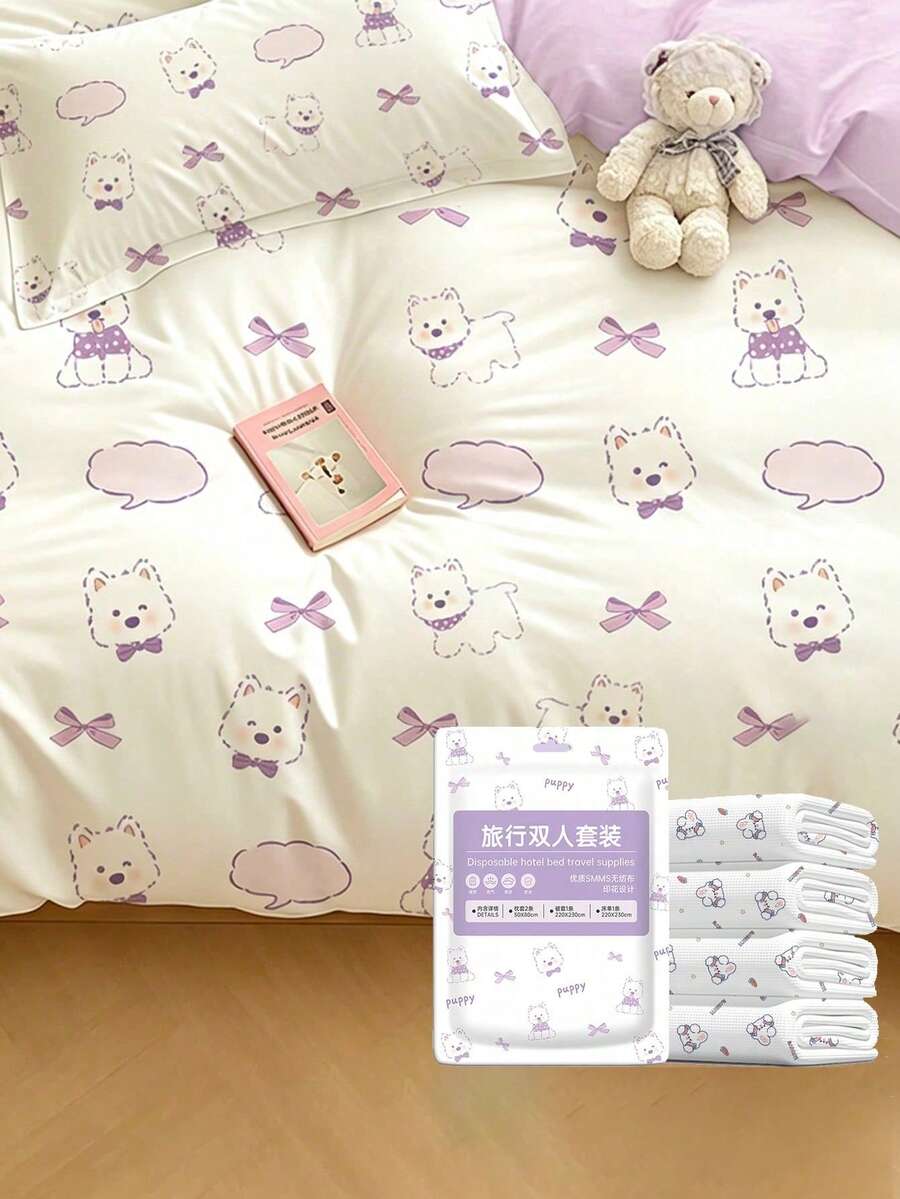 一次性加厚加寬 4 件套床上用品，適用於酒店住宿，一次性床單與枕套，旅行必需品 - 彩色 - 查看 1
