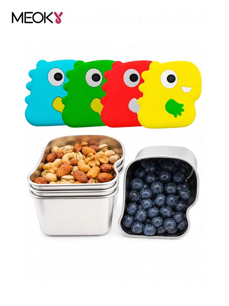 Meoky 9oz Stainless Steel Snack Storage Container With Silicone Lid, Dinosaur Shaped Portable Lunch Box, Easy-Open Metal Food Storage Box, Suitable For Fruit, Nuts, Snacks, Lunch And Travel - Red - View 1