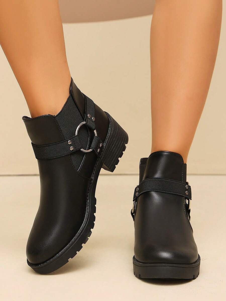 Women's Round Toe Chunky Heel Chelsea Ankle Boots With Metal Ring Buckle Decor, Cool Style, Autumn/Winter Daily Commute - Black - View 1
