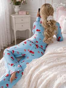 2pcs Set Pakaian Santai Wanita Kasual Motif Ceri dengan Hiasan Ruffle, Lengan Panjang, Leher Persegi, Musim Gugur - Biru - View 6