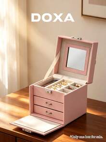 DOXA Pink Mirror Jewelry Box, Multi-Layer Drawer Jewelry Storage Box, Portable Travel Jewelry Organizer With Handle - Pink - View 2