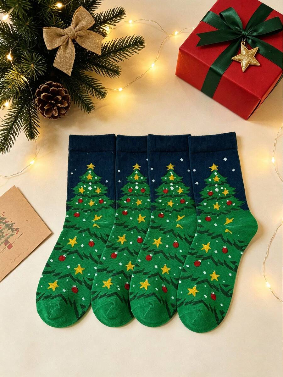 4/1 Pair Christmas Theme Christmas Tree Pattern Mid-Calf Socks Autumn Winter Holiday Atmosphere Comfortable Skin-Friendly Breathable Festive Gift Versatile Women's Socks - Green - View 1