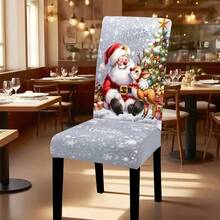 1/2/4/6/8/36Pcs Christmas Chair Covers, Print With Santa Claus Hugging Reindeer, Snow‑Dusted Xmas Tree, Gift Boxes And "Merry Christmas" Lettering, Elastic Washable Dining Chair Slipcovers For Home Hotel Xmas Party Gift - Multicolor - View 4