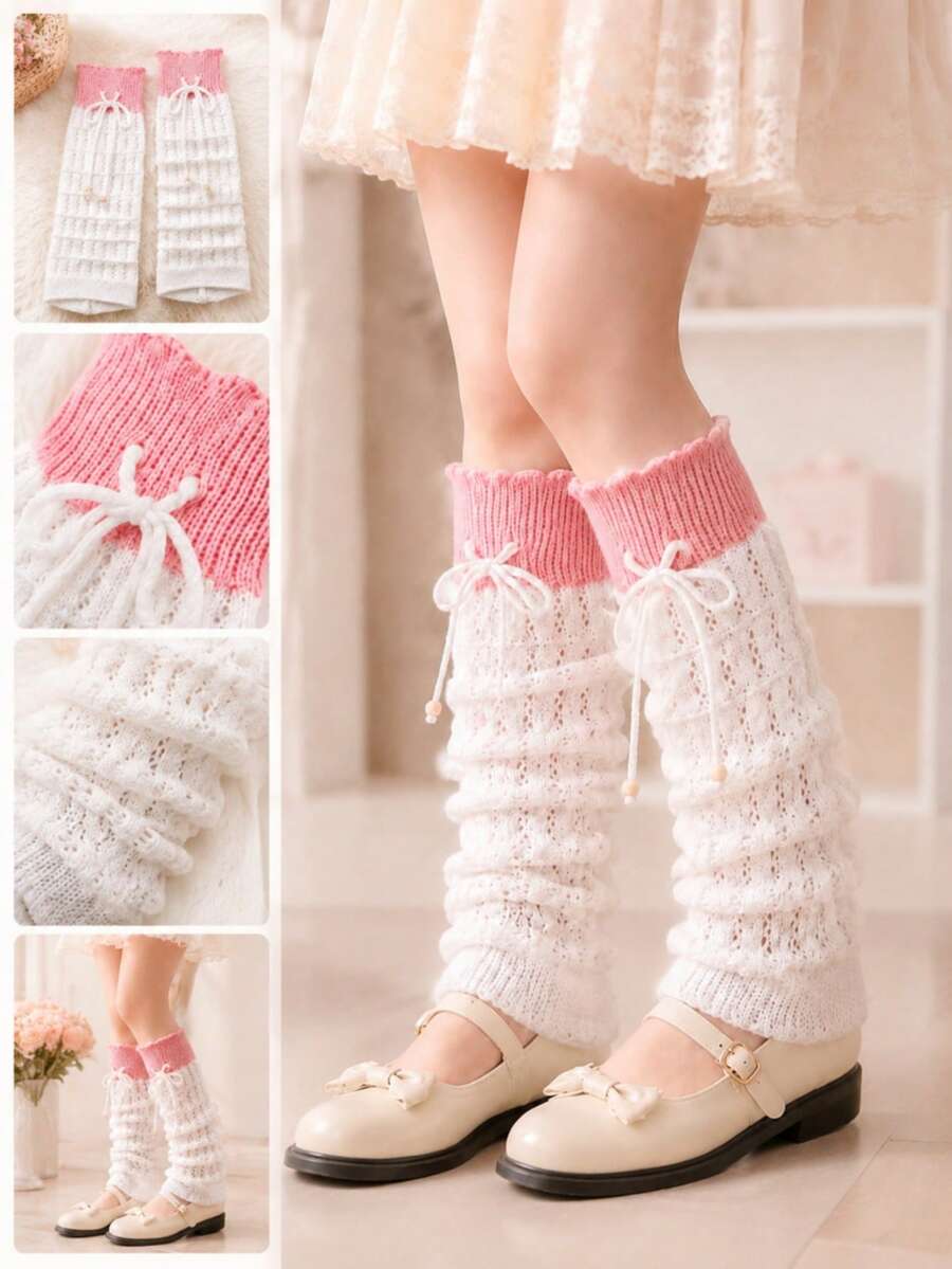 Wavy Ruffle Hollow Knit Leg Warmers With Bow And Wooden Bead Decor, Sweet Lolita Ballet Style Thin Layering Calf Sleeves For Women, Spring Summer Autumn Versatile Leg Protectors - Multicolor - View 1