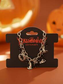 1 Peça Pulseira Estilo Punk Escuro para Halloween, Corrente Prateada Grossa com Morcego, Aranha, Presa, Chapéu de Bruxa, Pingentes Legais, Decorada com Acessórios de Cristal Preto Falso, Comprimento de Corrente Ajustável, Estilo Personalizado de Nicho, Adequado para Fantasia de Halloween, Uso Diário e Festa Temática, Cheio de Atmosfera - Prata - Visão 4