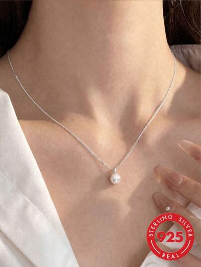 1pc S925 Sterling Silver Elegant Warm Pearl Pendant Necklace, Women's Minimalist Luxury French Classic Fashion Niche Exquisite High-End Versatile Collarbone Chain, Suitable For Parties, Banquets, Birthday, Holiday, Elegant And Graceful Aesthetic Gift
