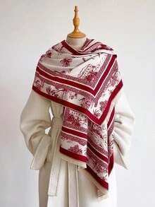 1pc Retro Scenic Wildlife Building Print 65*185cm Rectangle Scarf, Thick Faux Cashmere Brushed Polyester, Winter Shawl For Travel Party Daily Outing - Multicolor - View 3
