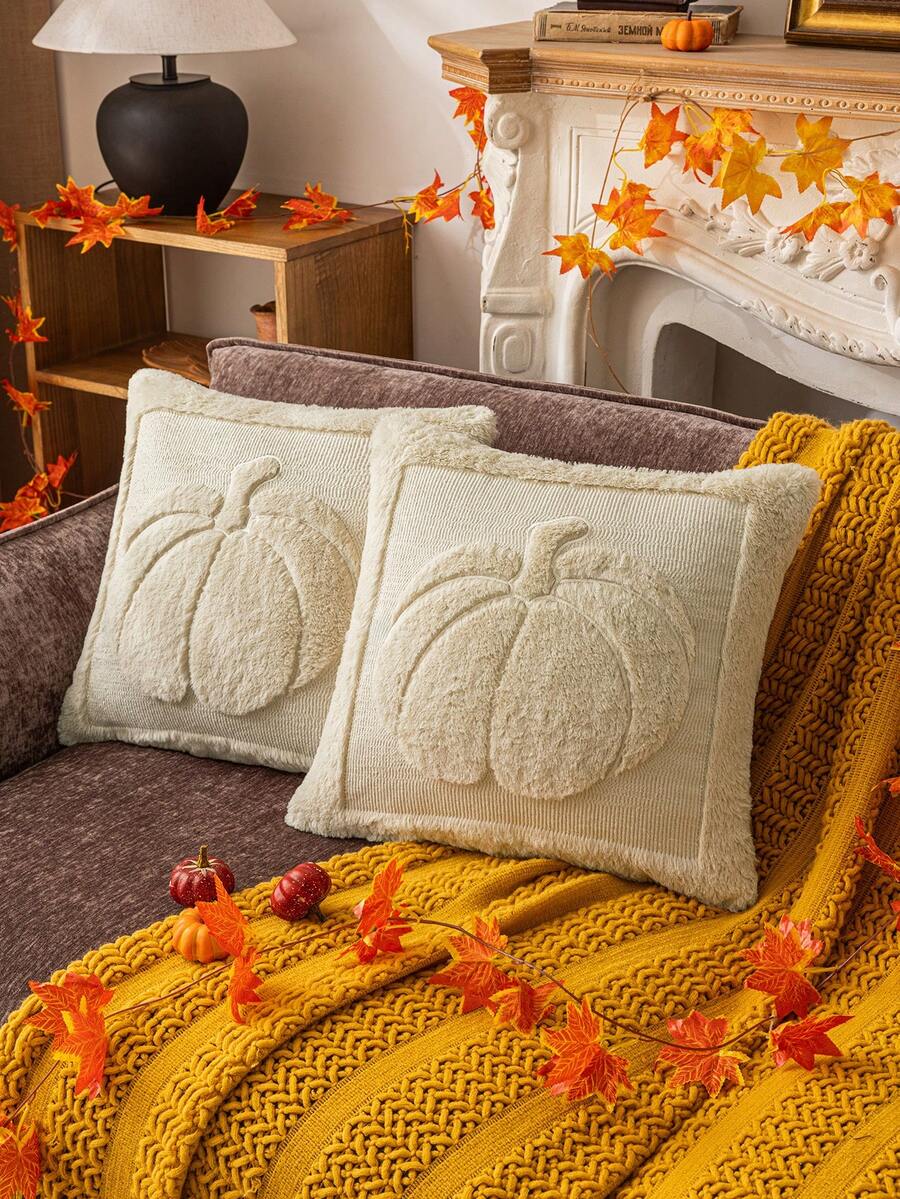 Homemorelove 2pcs/Set, Autumn Home Decor Pillow Covers, Harvest Pumpkin Pattern, Suitable For Bedroom, Living Room, Sofa, Decorative Cushion Covers, Pillow Insert Not Included - Beige - View 1