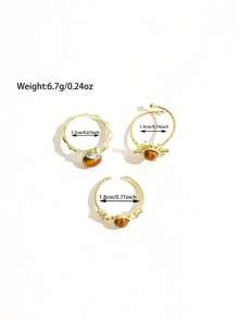3 piezas de anillos vintage de piedra de ojo de tigre falso Maillard, anillos abiertos con sol, estrella, gota de agua y strass, joyería apilable para mujer para uso diario - Dorado - Ver 6