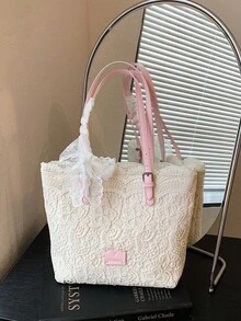 Dedoo 女款鏤空蕾絲托特包，肩帶蕾絲蝴蝶結裝飾浪漫日常單肩包，緞帶隨機，大容量，校園後背包，大學校園 - 粉色 - 查看 6