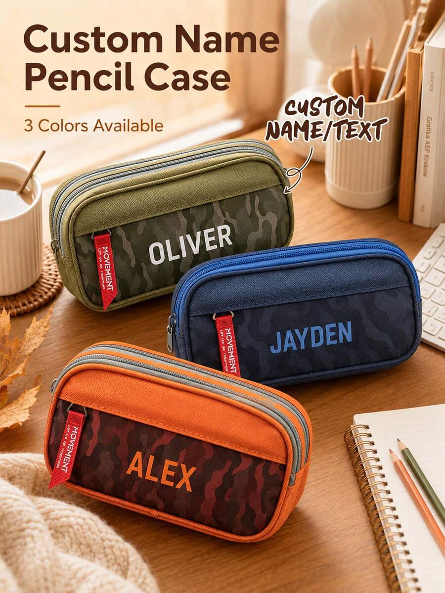 Personalized Double Layer Pencil Case, Customizable Text Stationery Storage Bag, With Name, Large Capacity Pencil Box, Suitable For School And Office - Multicolor - View 1