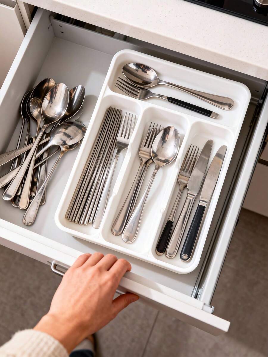 1 khay chia ngăn ngăn kéo màu bạc, khay lưu trữ dụng cụ nhà bếp nhỏ, khay đựng thìa dĩa dao kéo và bộ đồ ăn, khay sắp xếp tủ bếp phong cách Nhật Bản, hộp chia ngăn tích hợp đựng đũa dao dĩa và dụng cụ ăn, khay chia ngăn bằng nhựa - Nhiều màu - Xem 1