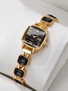 Reloj de pulsera digital cuadrado exquisito para mujer, reloj de cuarzo con incrustaciones de strass de corte de moda, regalo para novia (1 pieza/set) Caja de reloj no incluida - Negro - Ver 10