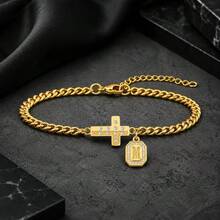 1pc New Initial Cross Stainless Steel Cuban Chain Bracelet For Men - Yellow Gold - View 3