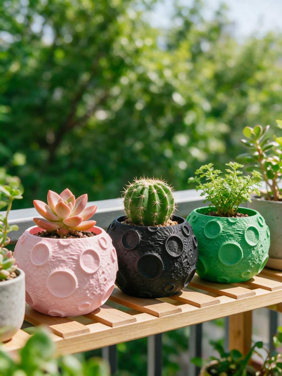3D Printed 3pcs INS Style Planet & Moon Shaped Flower Pots, Creative Textured Embossed Design Home Gardening Succulent Cactus Planter Containers - B - View 1